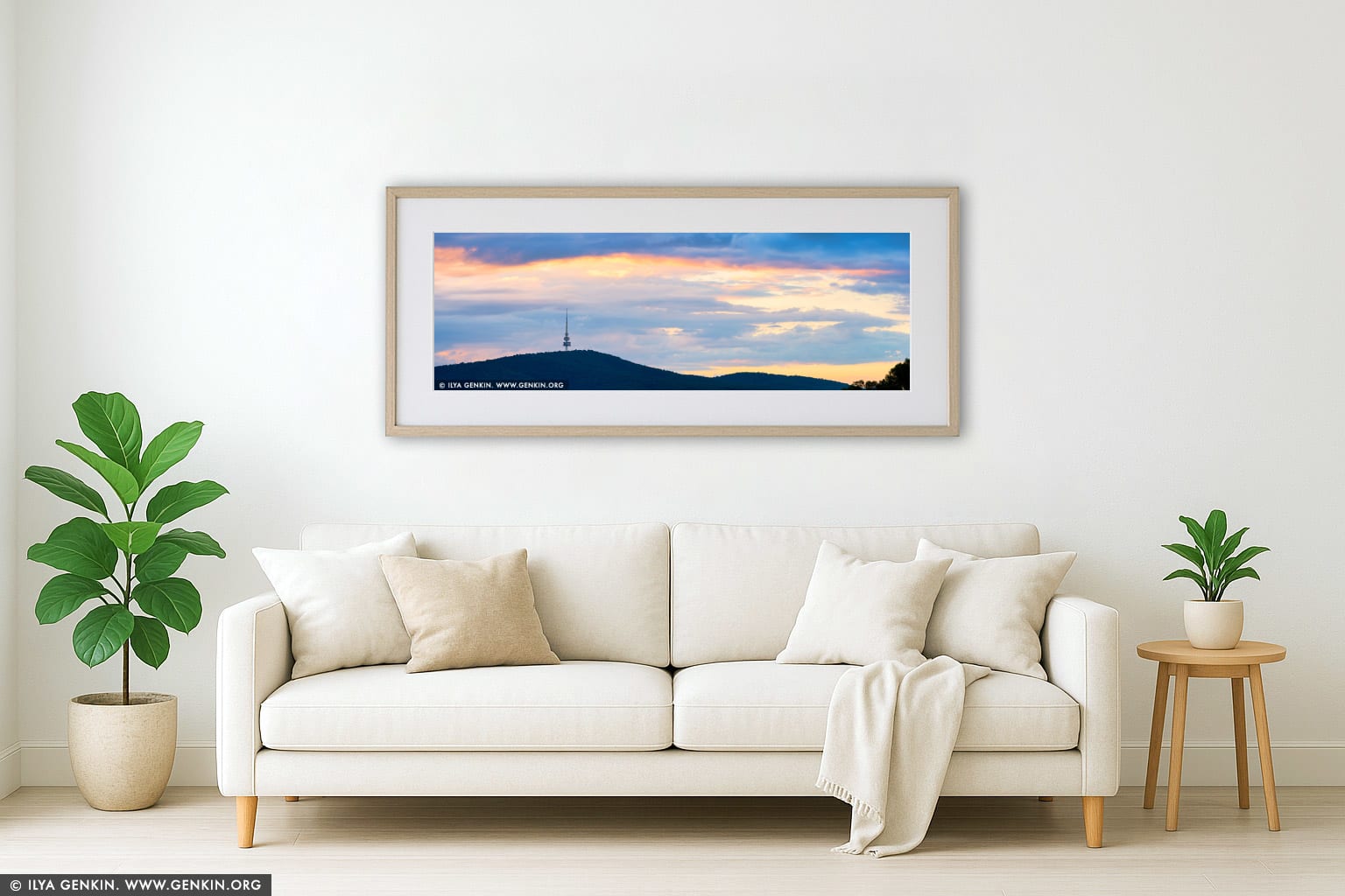 Black Mountain and Telstra Tower at Sunset wall art in a contemporary living room interior