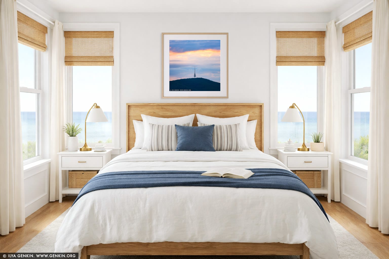 Sunset over Black Mountain and Telstra Tower wall art in a bedroom interior
