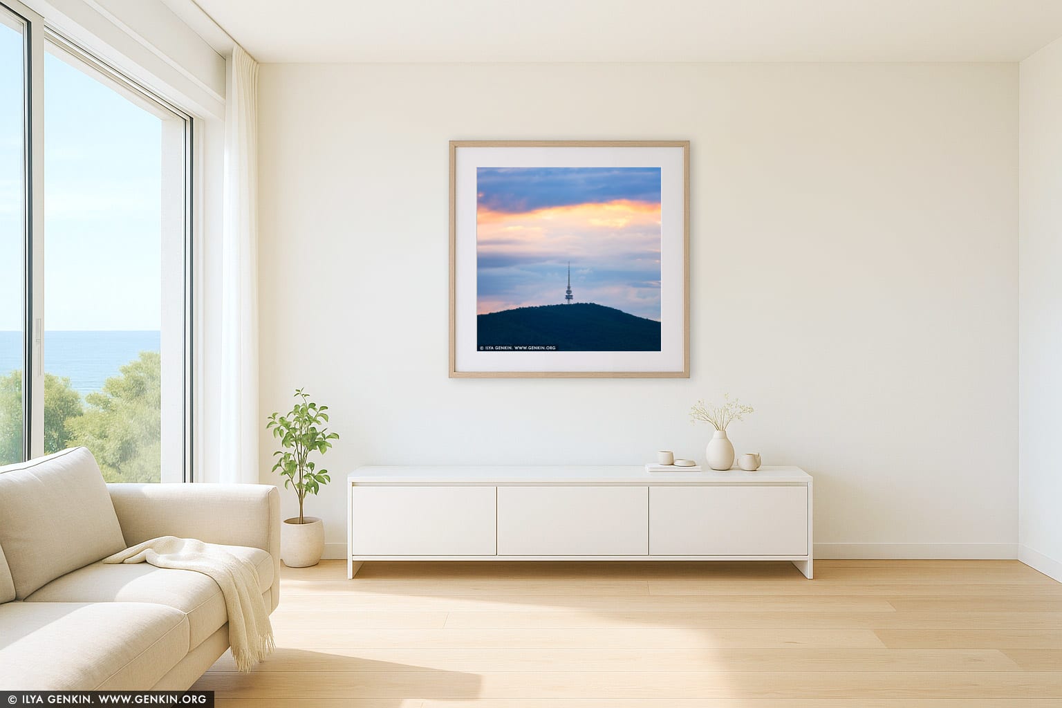 Sunset over Black Mountain and Telstra Tower wall art in a modern living room interior