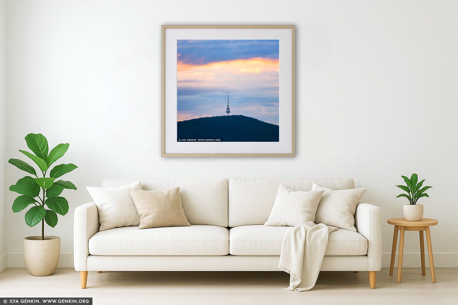 Sunset over Black Mountain and Telstra Tower wall art in a luxury living room interior