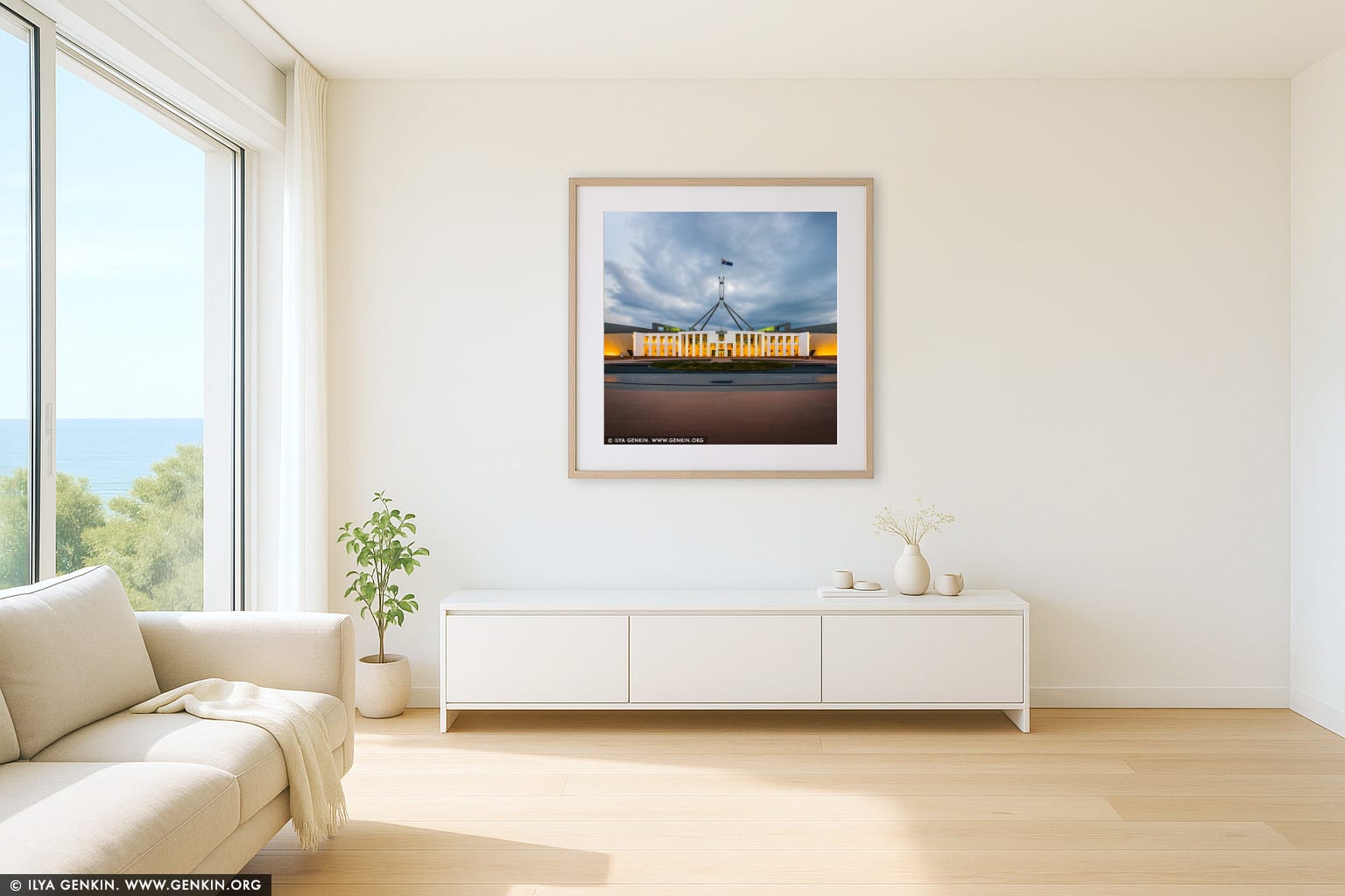 Parliament House at Sunset wall art in a contemporary living room interior