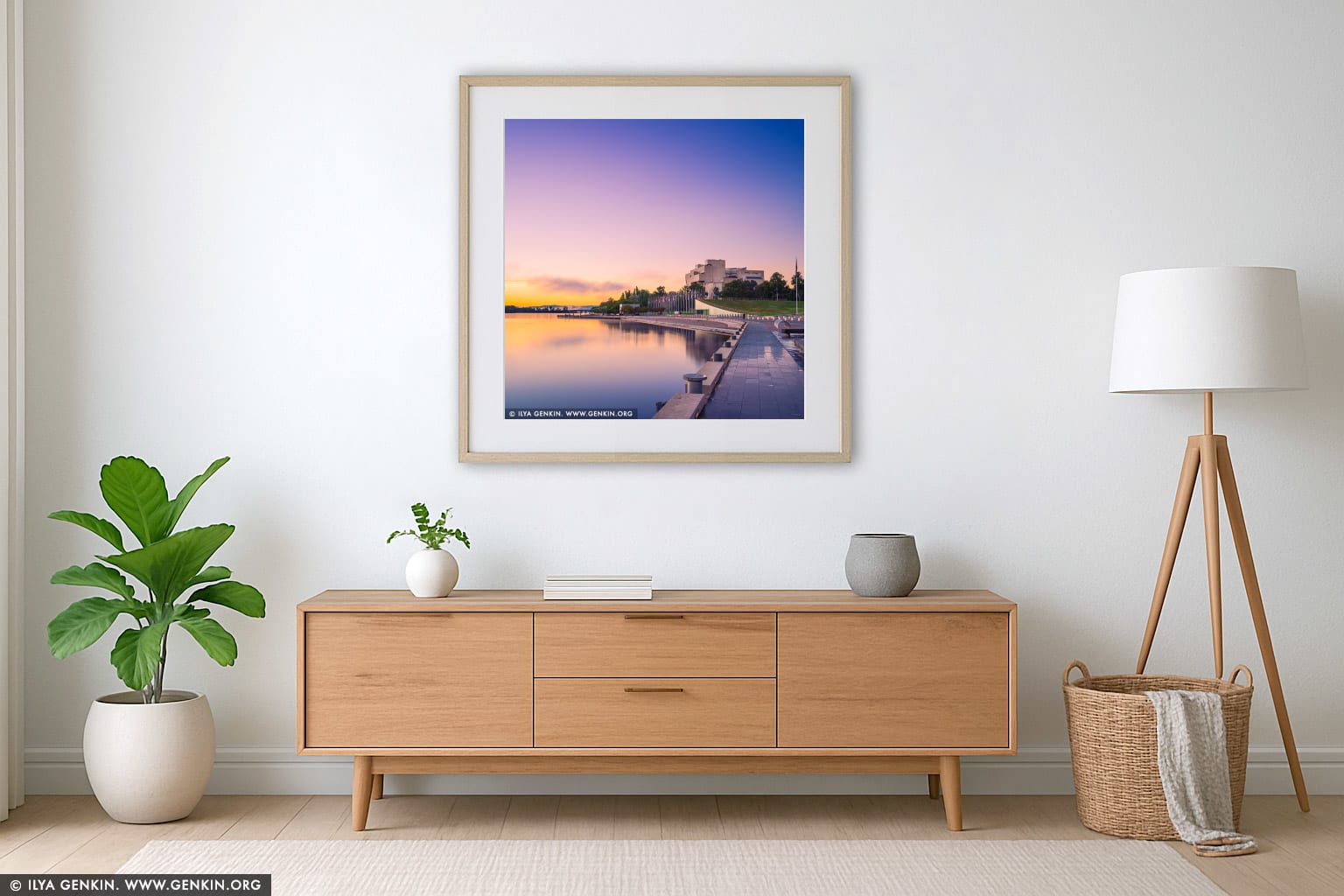 Queen Elizabeth Terrace, Lake Burley Griffin and High Court of Australia in the Morning wall art in a modern living room interior
