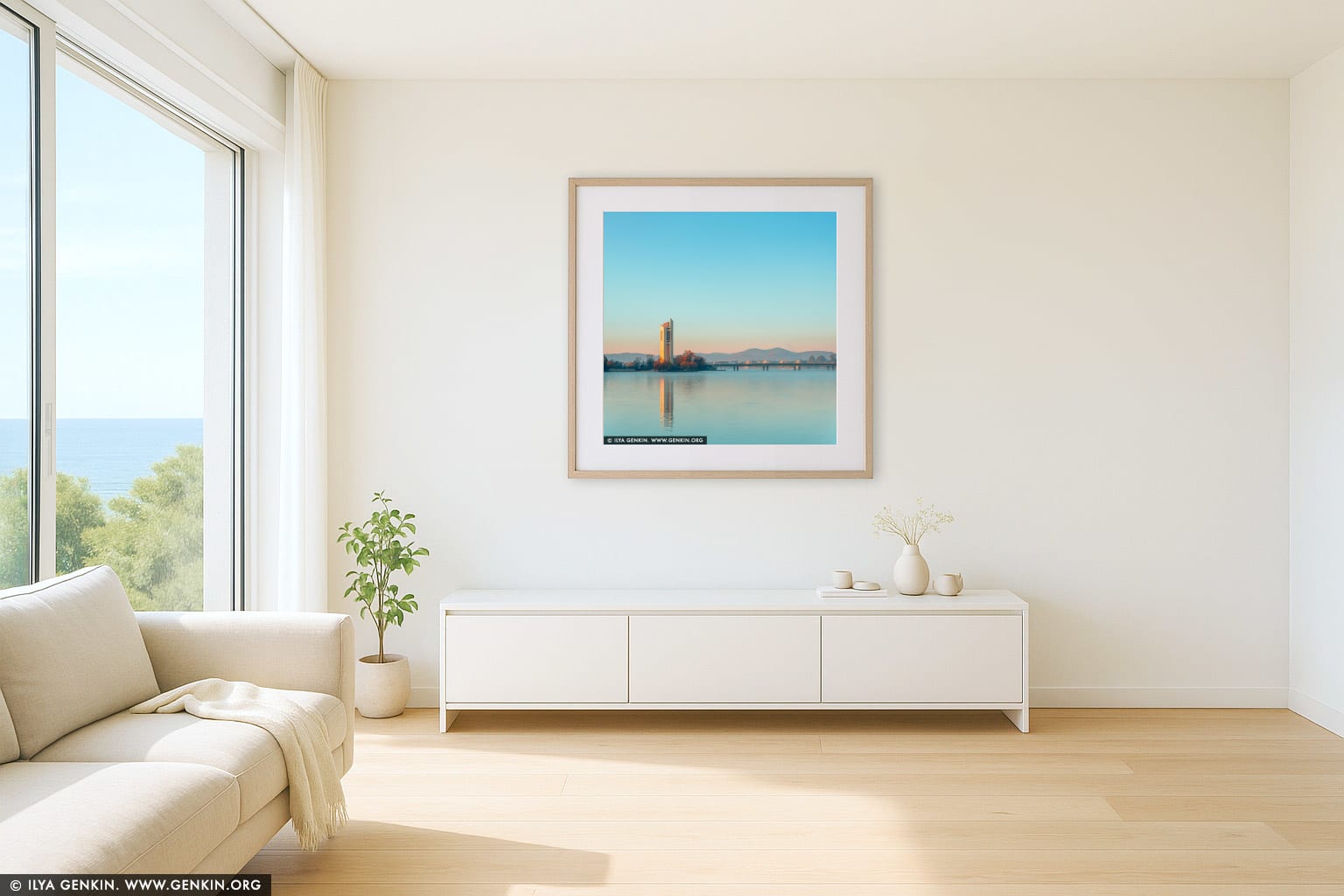 National Carillon at Sunrise wall art in a contemporary living room interior