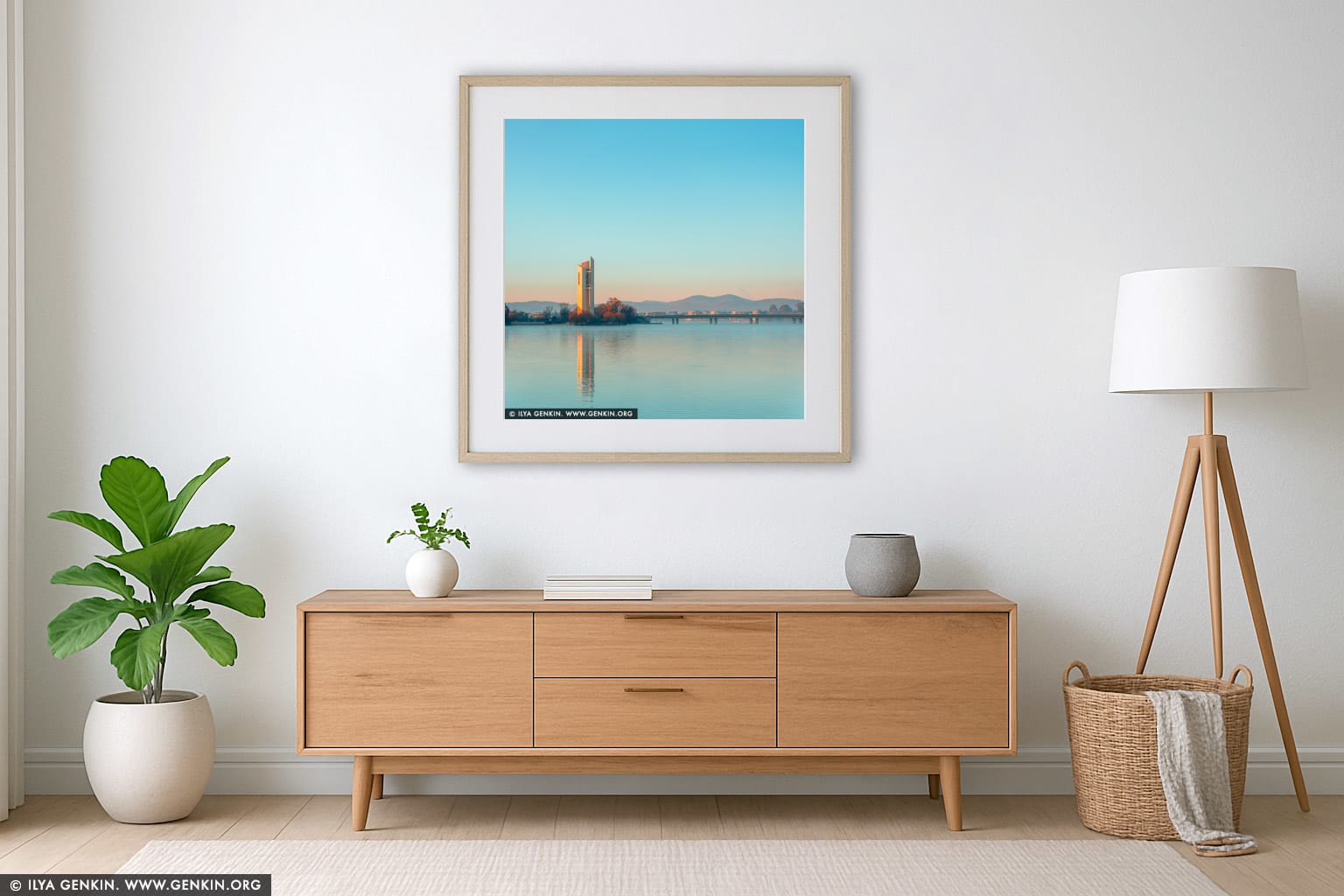 National Carillon at Sunrise wall art in a minimalist living room interior