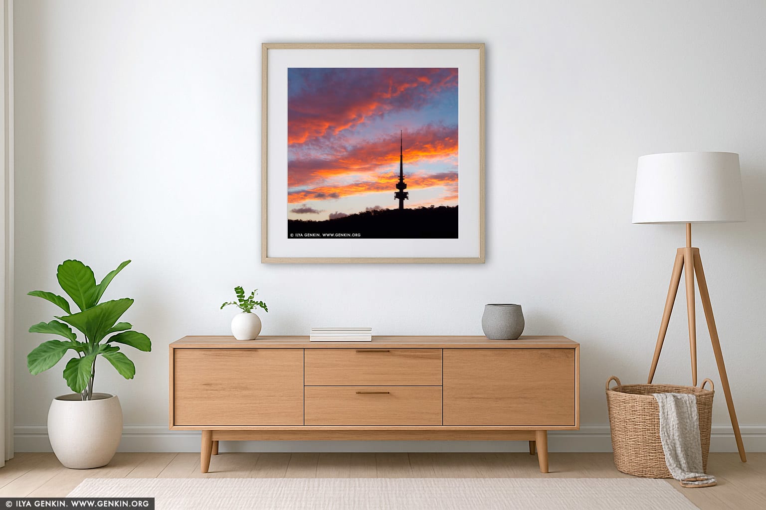 Sunset over Black Mountain and Telstra Tower wall art in a modern living room interior