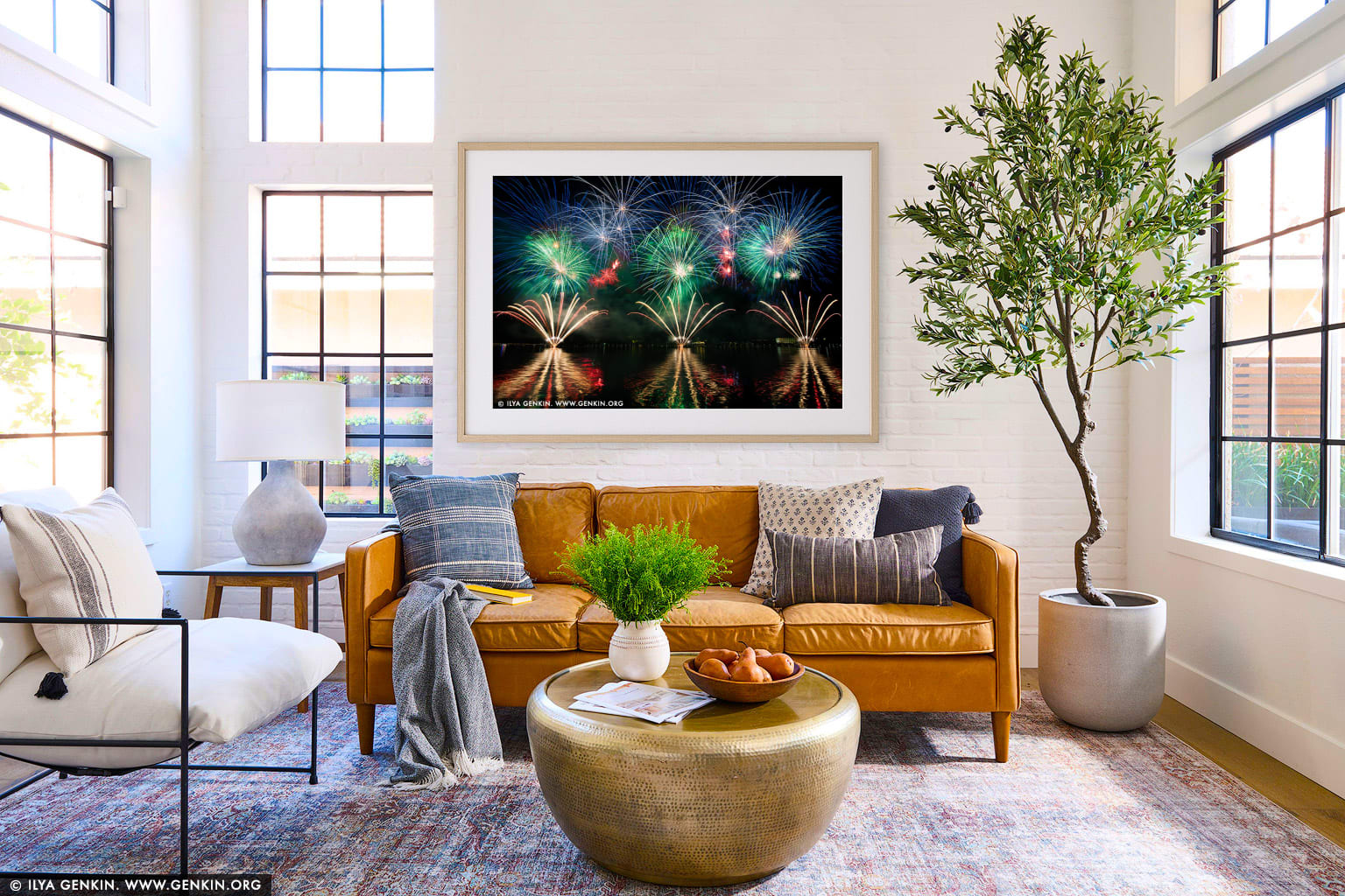 Skyfire 2018 Firework Display over Lake Burley Griffin wall art in a modern living room interior