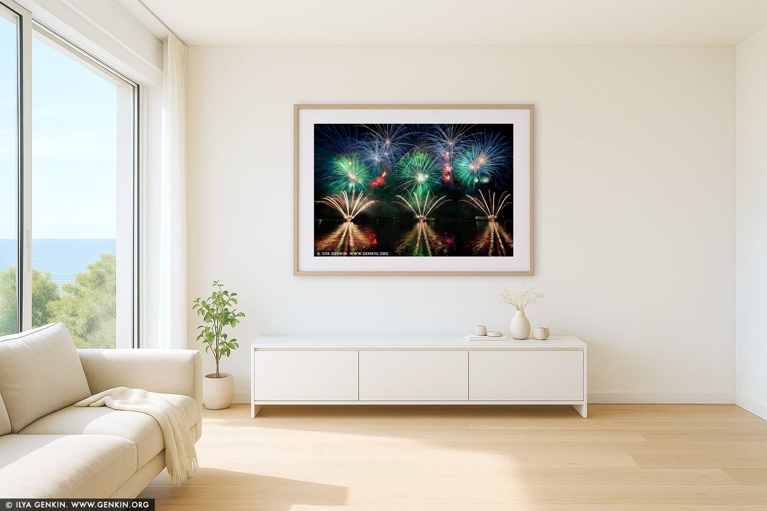 Skyfire 2018 Firework Display over Lake Burley Griffin wall art in a modern living room interior