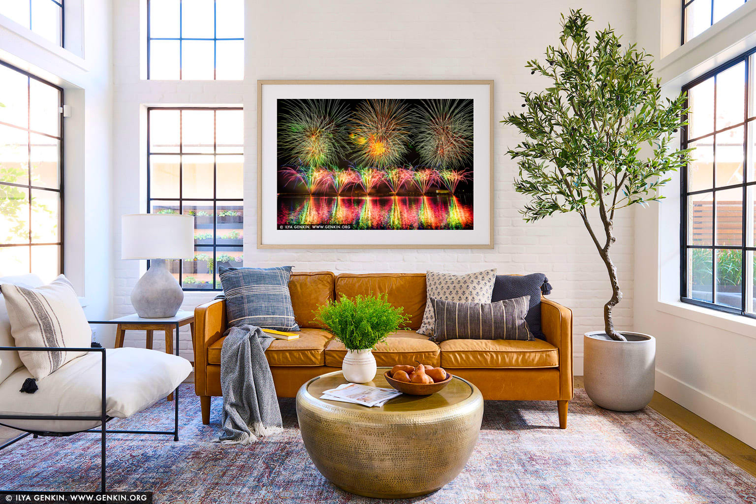 Skyfire 2018 Firework Display over Lake Burley Griffin wall art in a contemporary living room interior