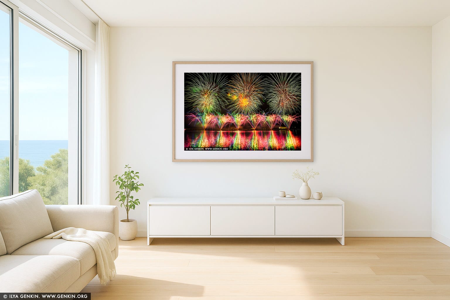 Skyfire 2018 Firework Display over Lake Burley Griffin wall art in a contemporary living room interior