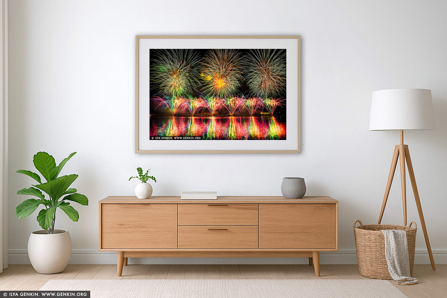 Skyfire 2018 Firework Display over Lake Burley Griffin wall art in a minimalist living room interior