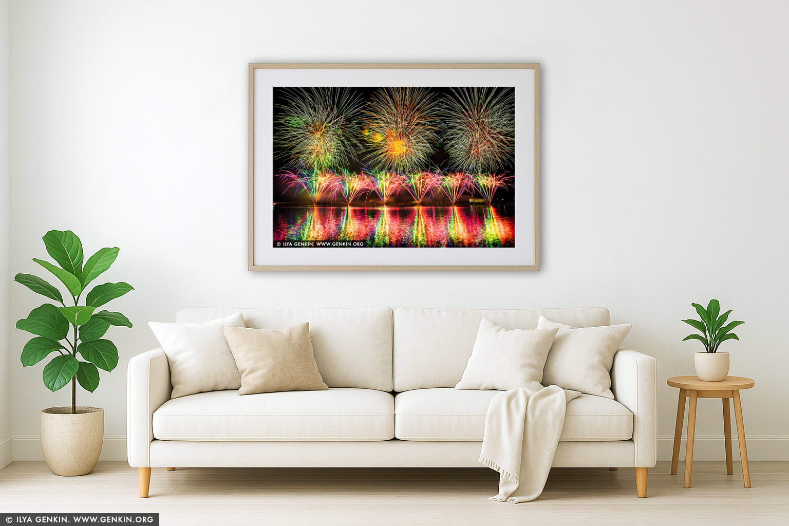 Skyfire 2018 Firework Display over Lake Burley Griffin wall art in a modern living room interior