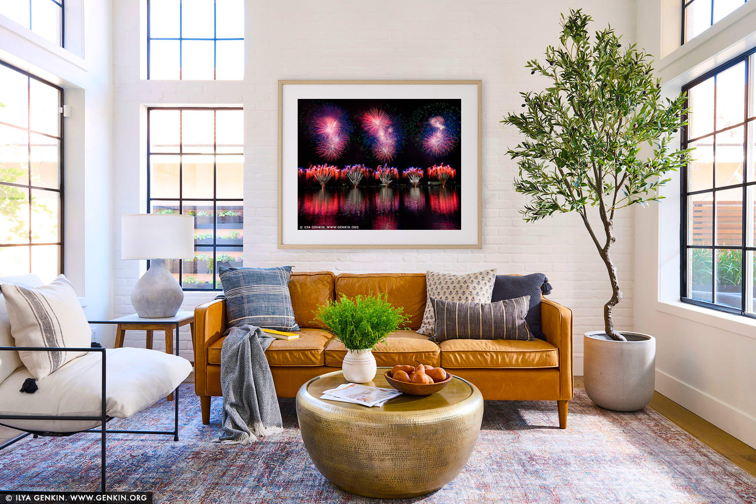 Skyfire 2018 Firework Display over Lake Burley Griffin wall art in a contemporary living room interior