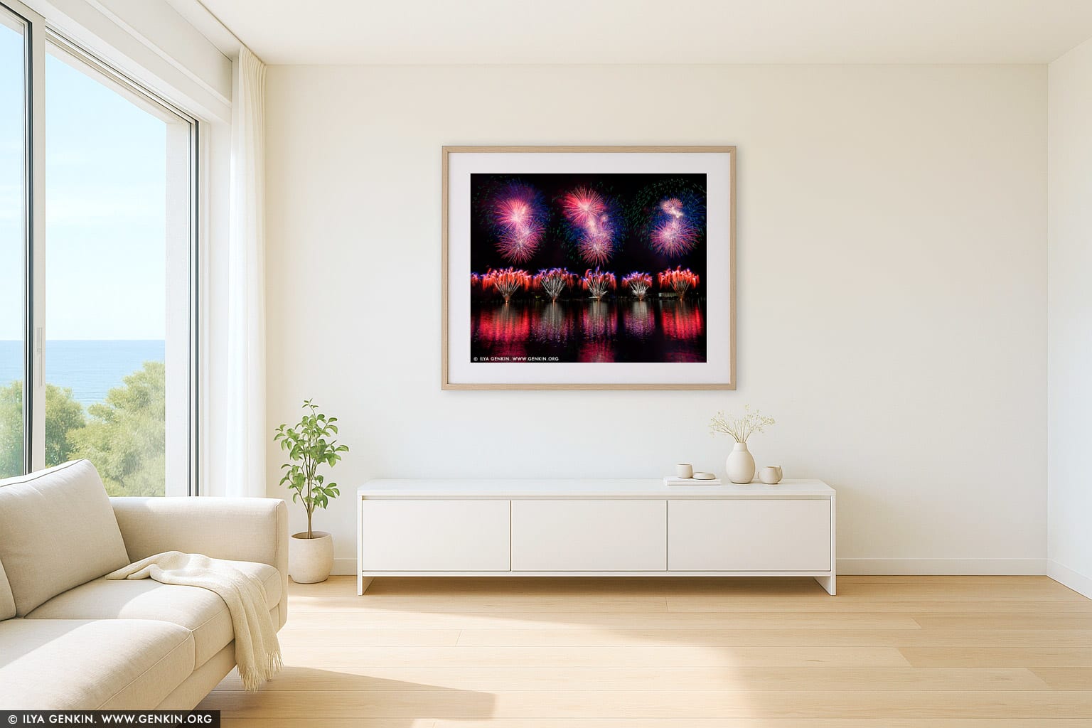 Skyfire 2018 Firework Display over Lake Burley Griffin wall art in a contemporary living room interior