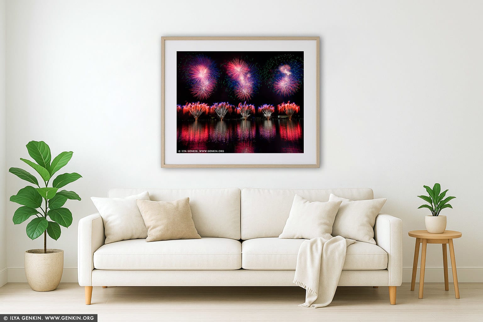 Skyfire 2018 Firework Display over Lake Burley Griffin wall art in a modern living room interior