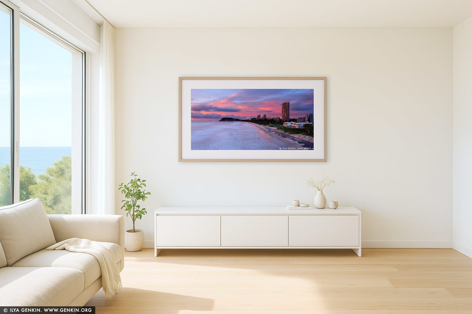 North Burleigh/Miami Lookout wall art in a contemporary living room interior