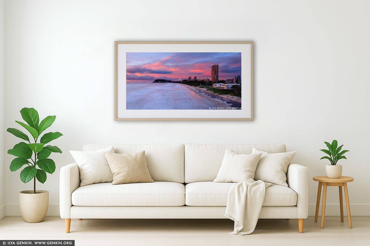 North Burleigh/Miami Lookout wall art in a modern living room interior