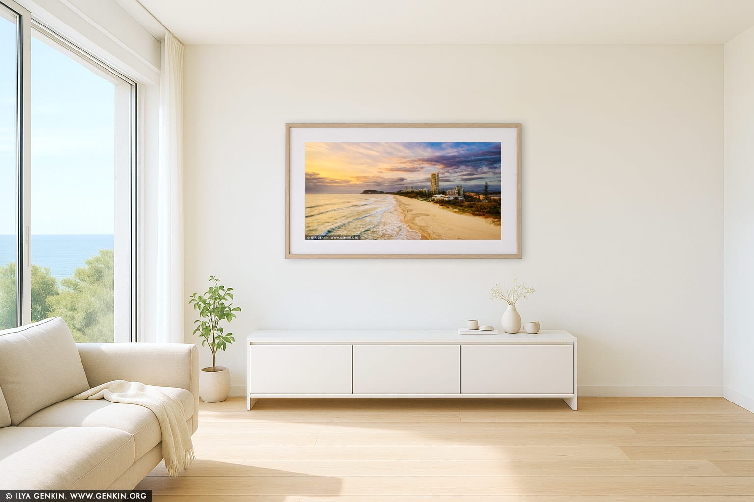 North Burleigh at Sunrise from Miami Lookout wall art in a minimalist living room interior