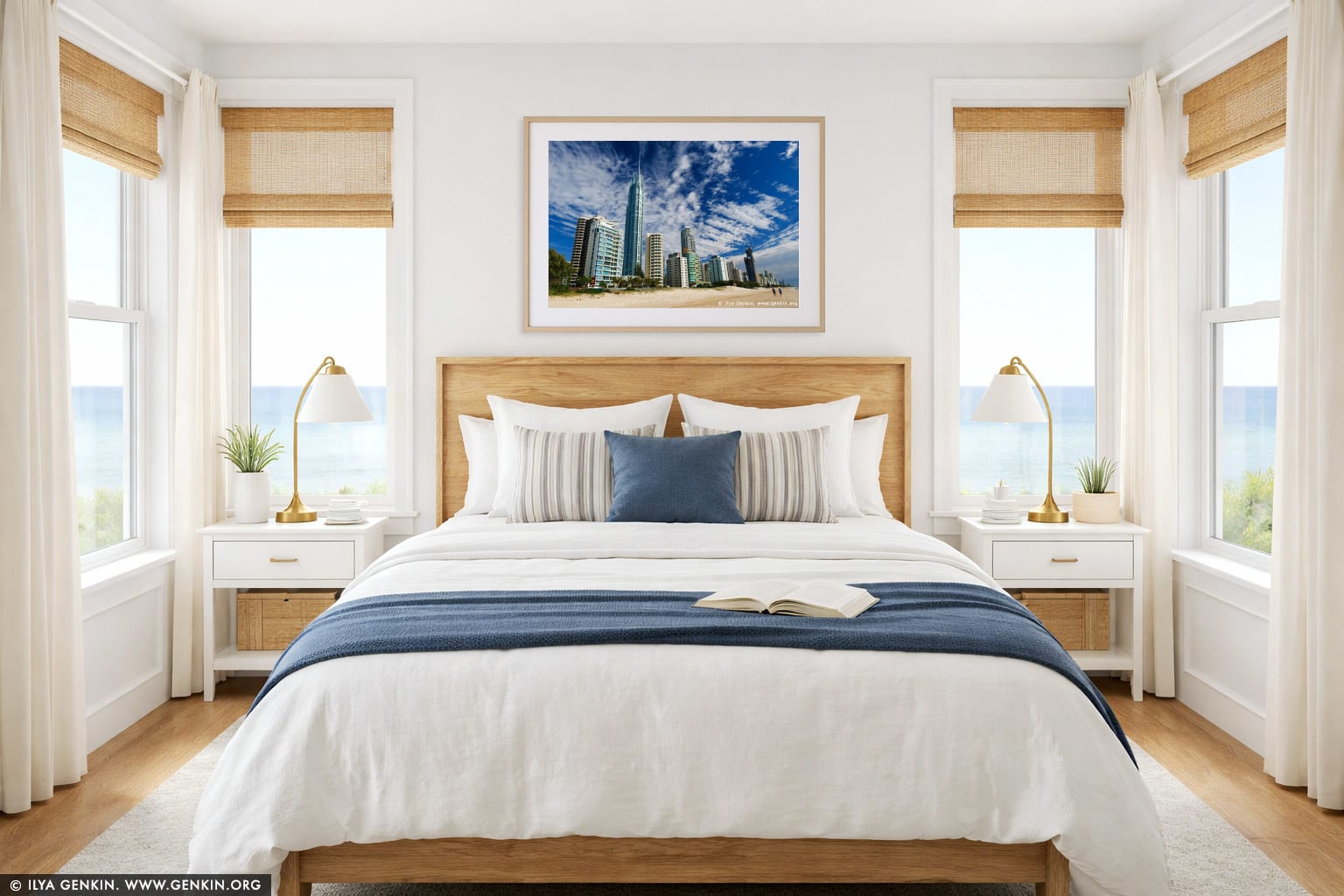 Skyscrapers on Surfer's Paradise Beach wall art in a bedroom interior