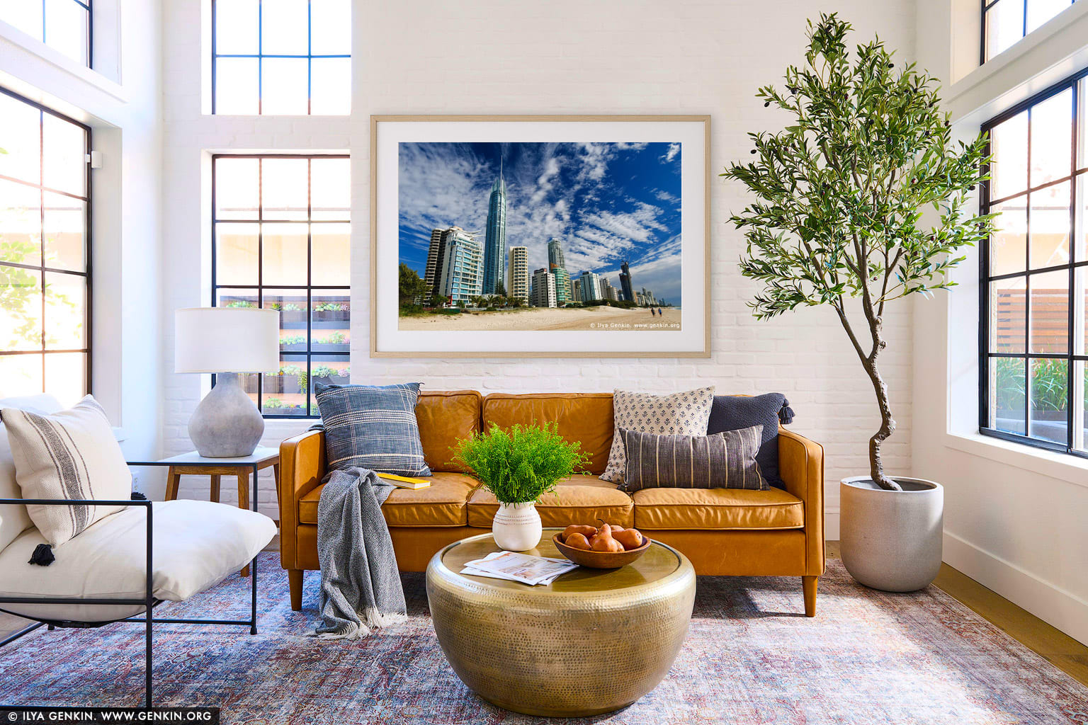 Skyscrapers on Surfer's Paradise Beach wall art in a contemporary living room interior