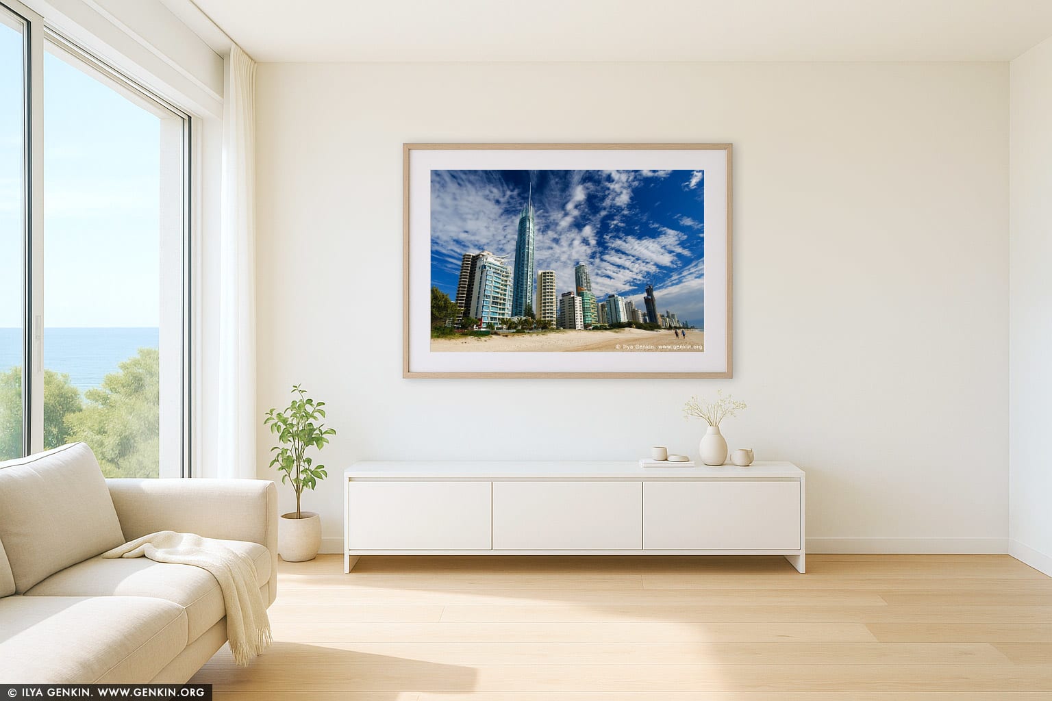 Skyscrapers on Surfer's Paradise Beach wall art in a contemporary living room interior
