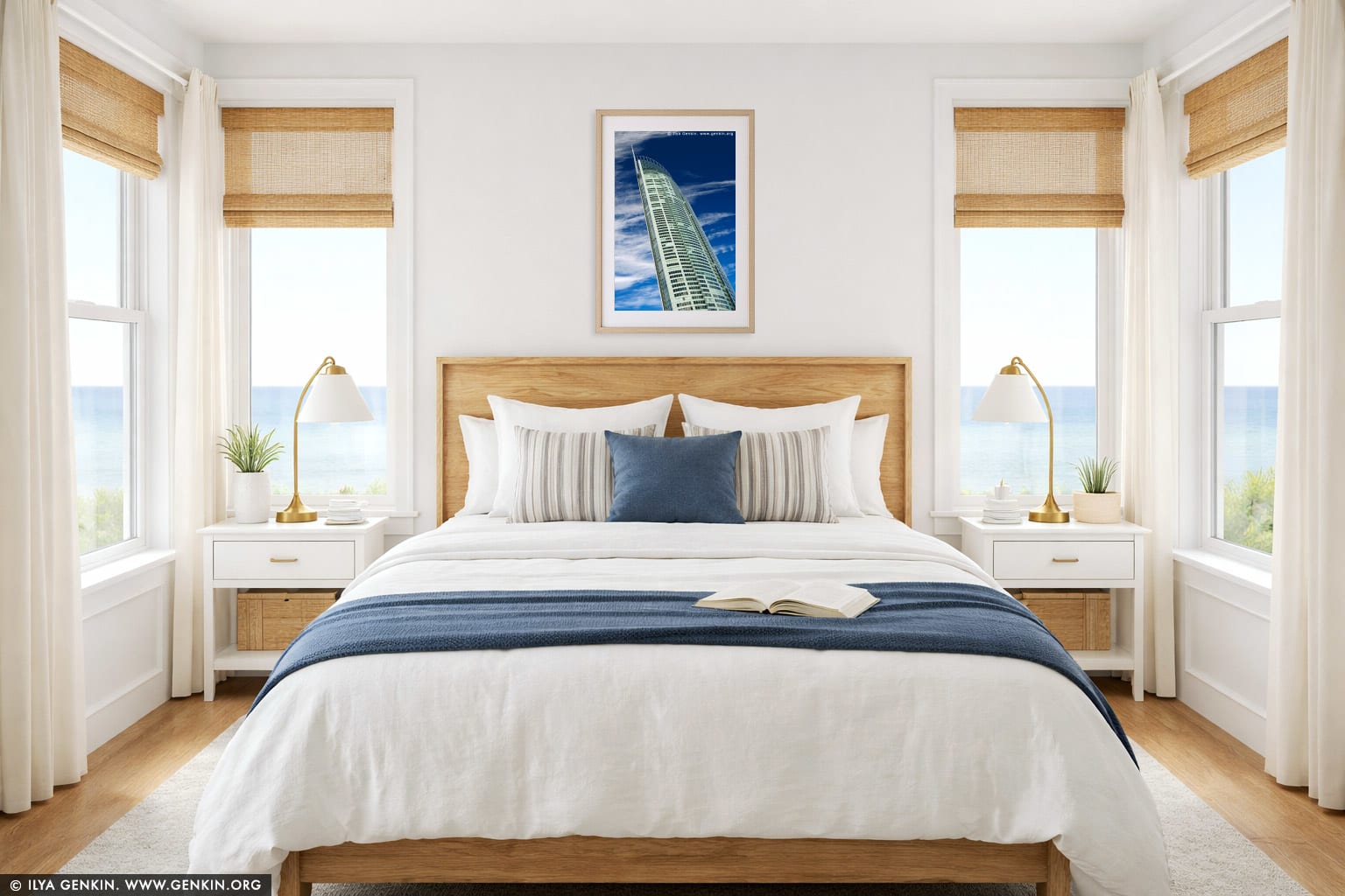 Skyward Elegance: Q1 Tower Against an Endless Blue wall art in a modern living room interior