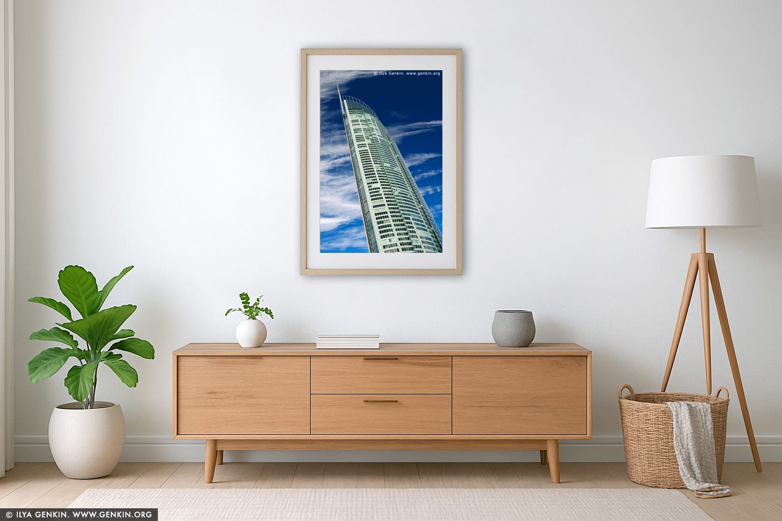 Skyward Elegance: Q1 Tower Against an Endless Blue wall art in a luxury living room interior