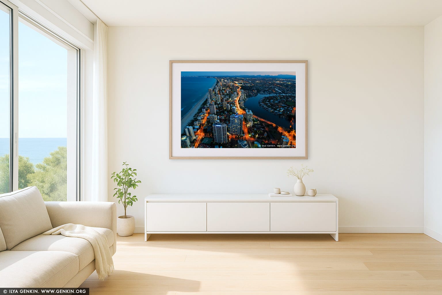 Surfer's Paradise after Sunset wall art in a luxury living room interior