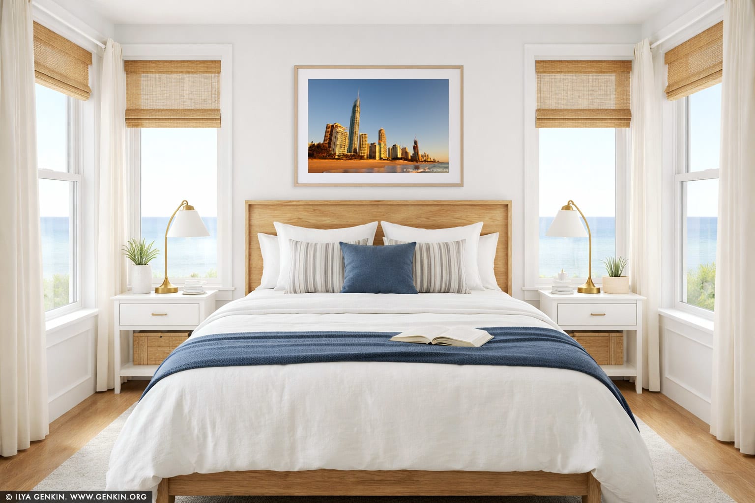 Surfer's Paradise at Sunrise wall art in a bedroom interior