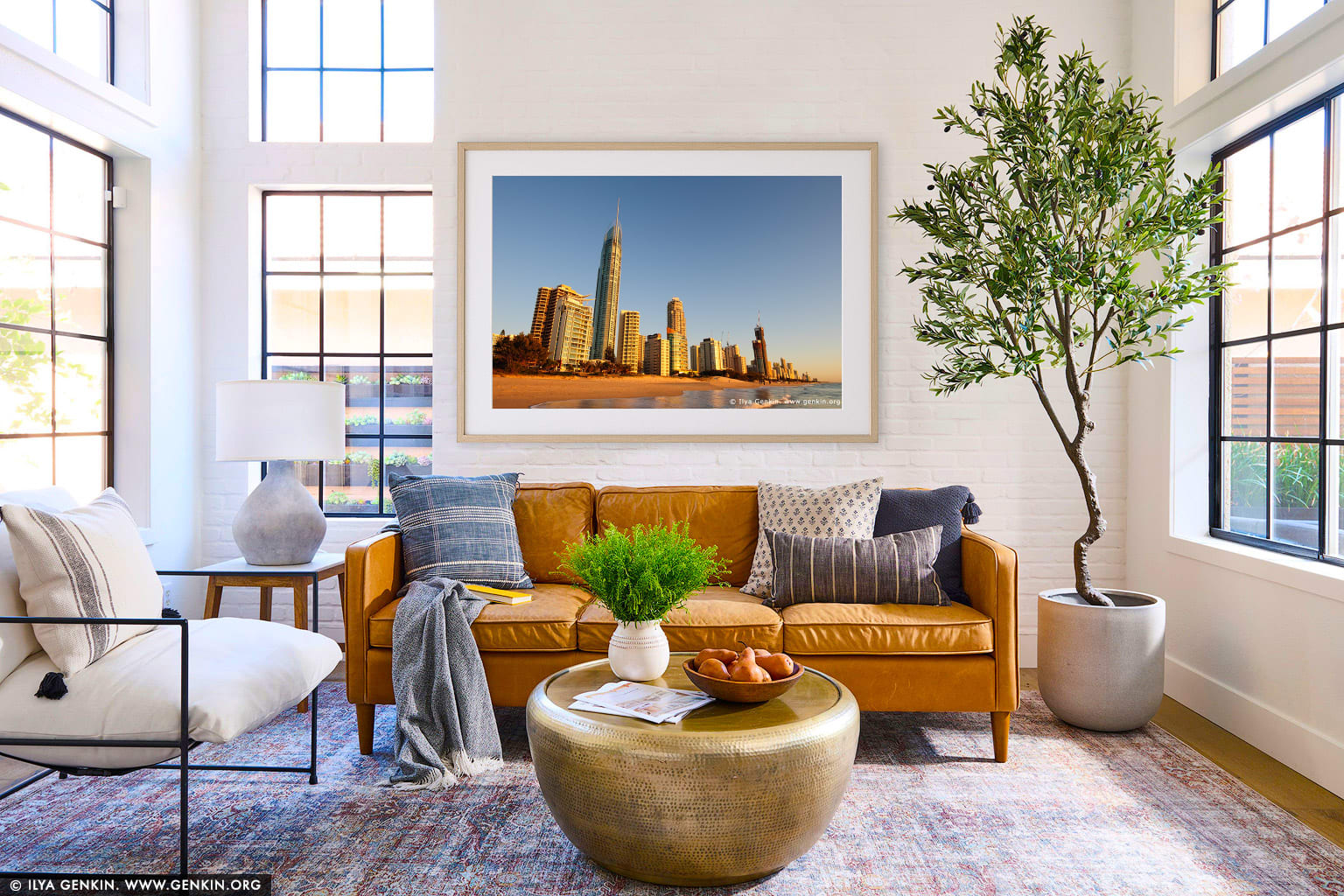 Surfer's Paradise at Sunrise wall art in a modern living room interior