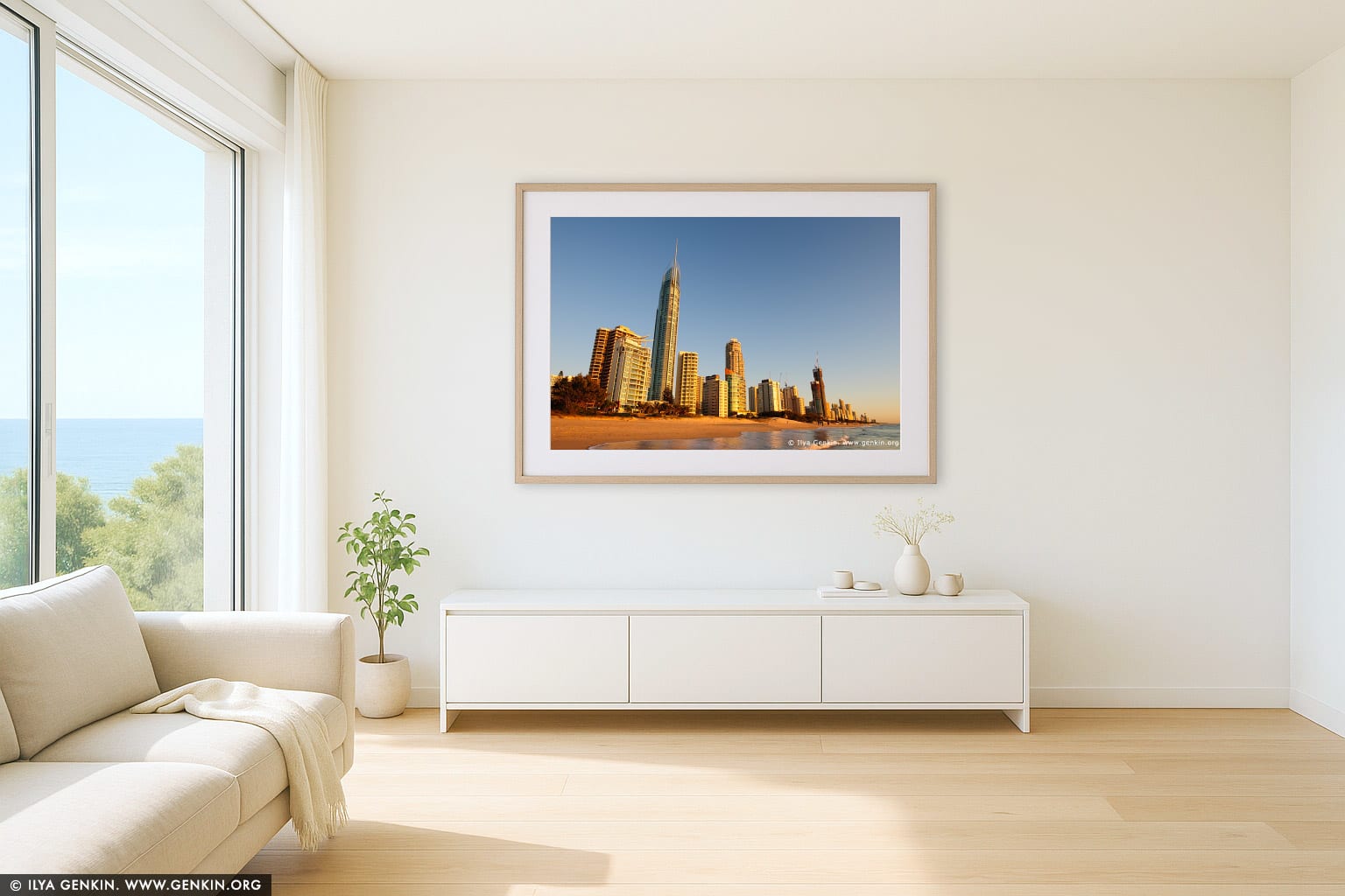 Surfer's Paradise at Sunrise wall art in a modern living room interior