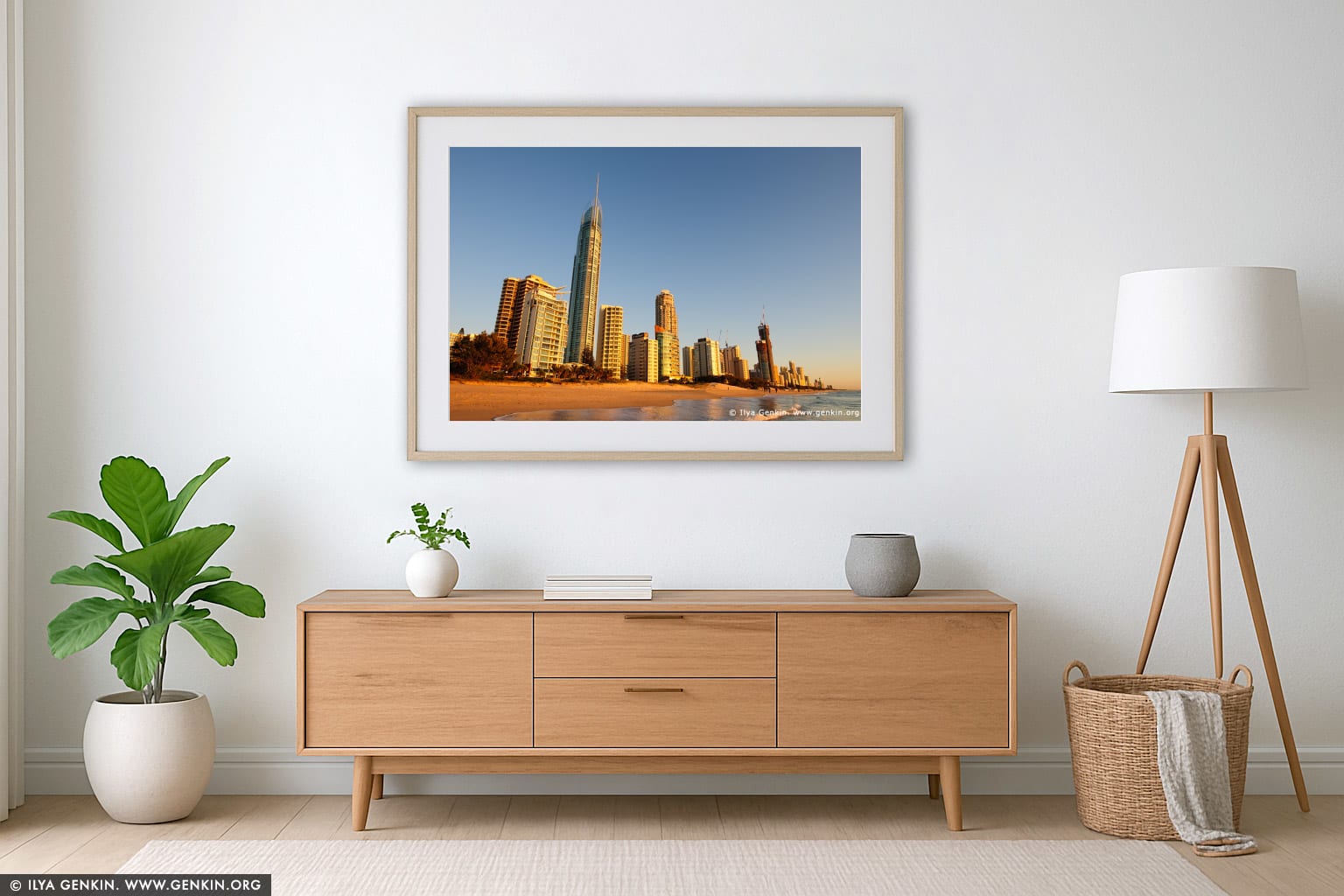 Surfer's Paradise at Sunrise wall art in a contemporary living room interior