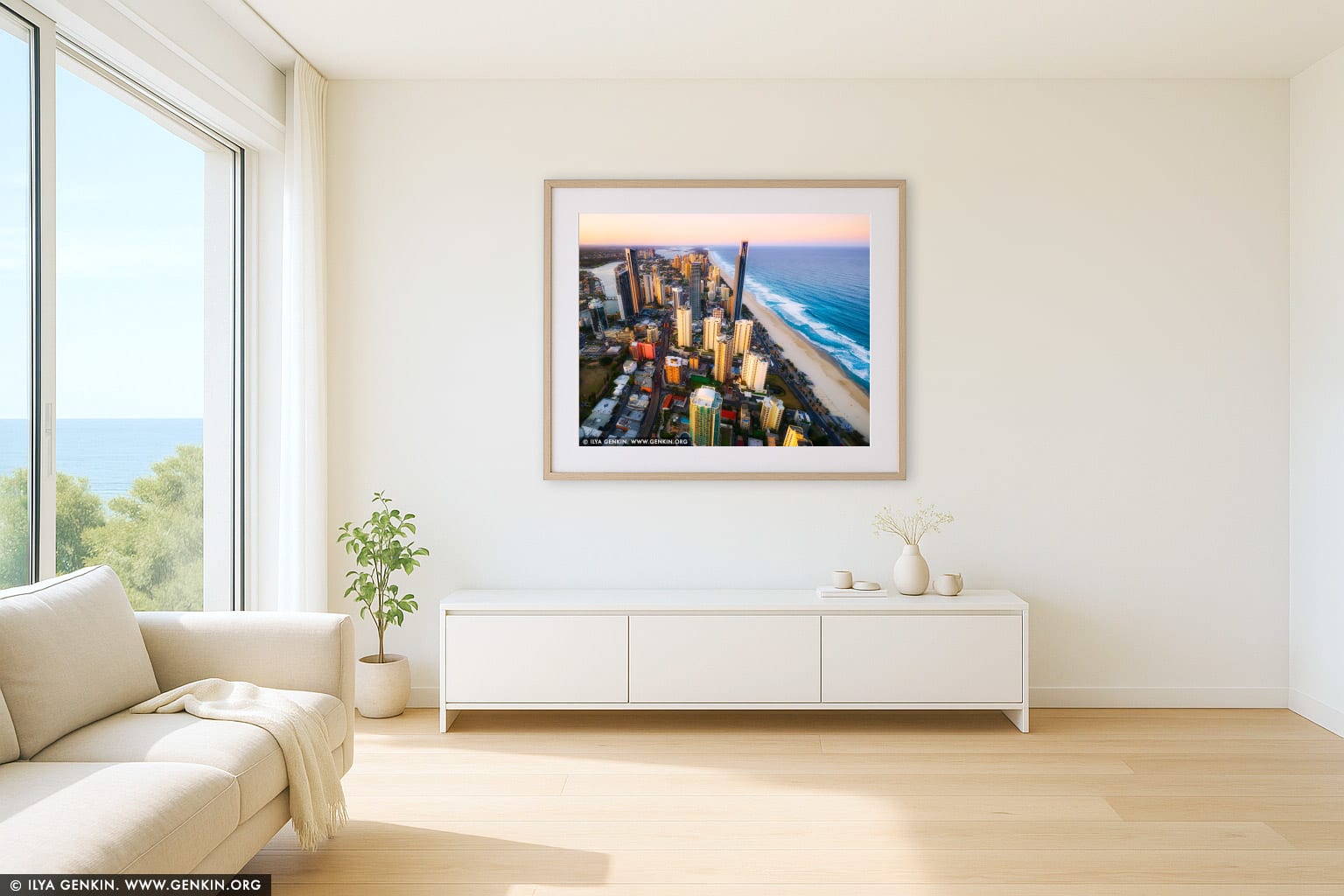 Surfer's Paradise at Sunset wall art in a contemporary living room interior