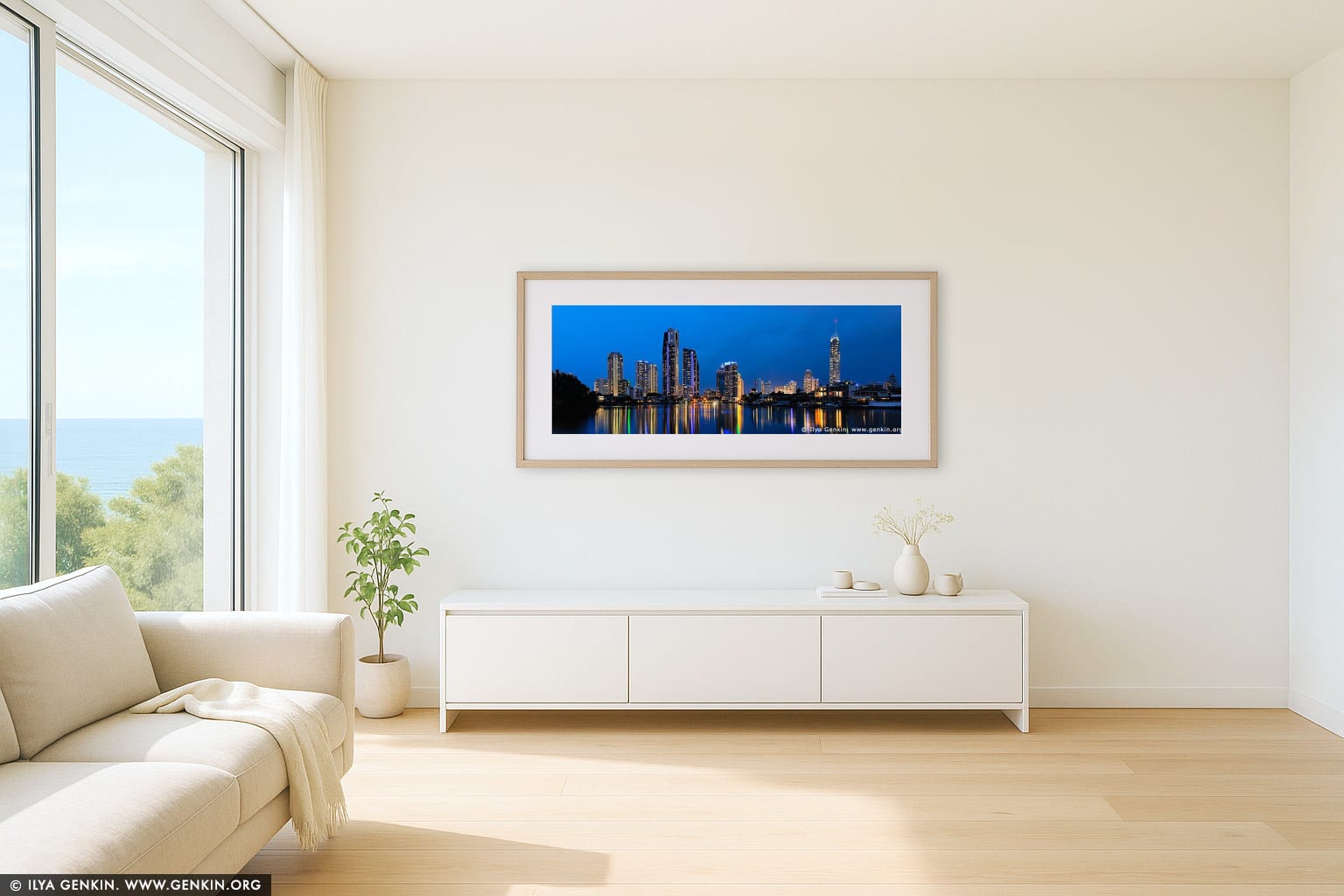 Surfer's Paradise after Sunset wall art in a luxury living room interior