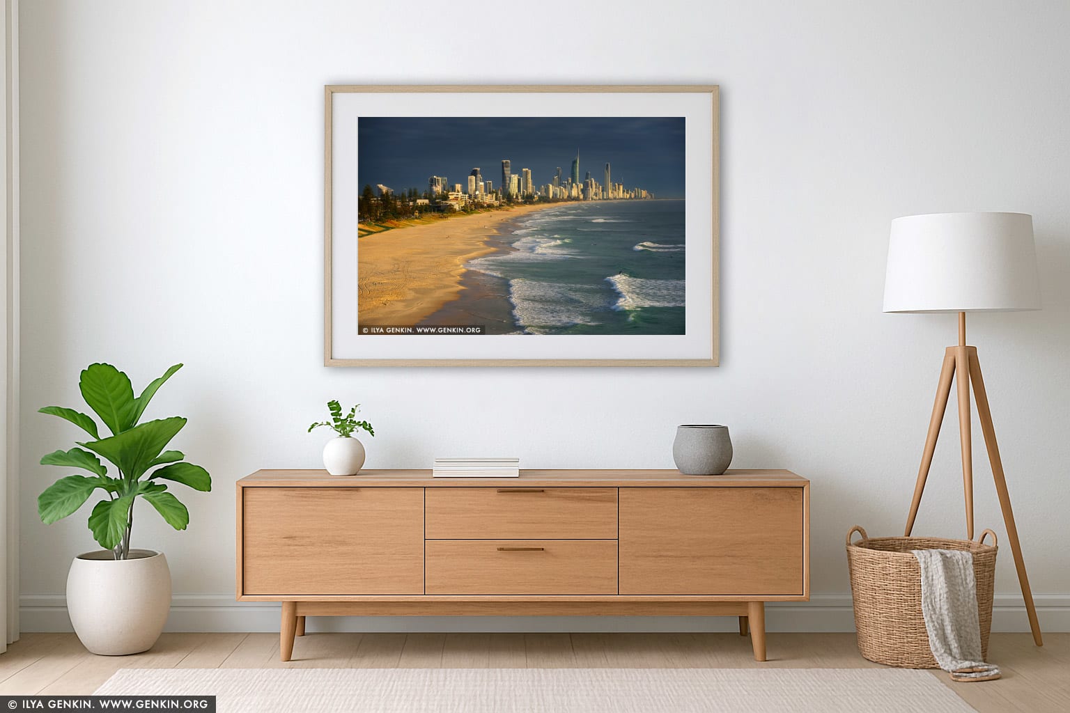 Dramatic Sunrise at Surfers Paradise wall art in a luxury living room interior