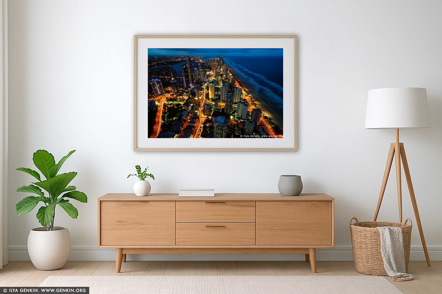 Surfer's Paradise after Sunset wall art in a modern living room interior