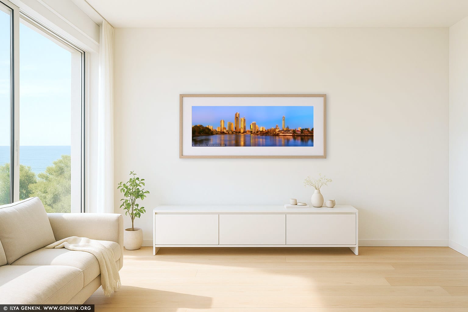 Surfers Paradise at Sunset wall art in a modern living room interior