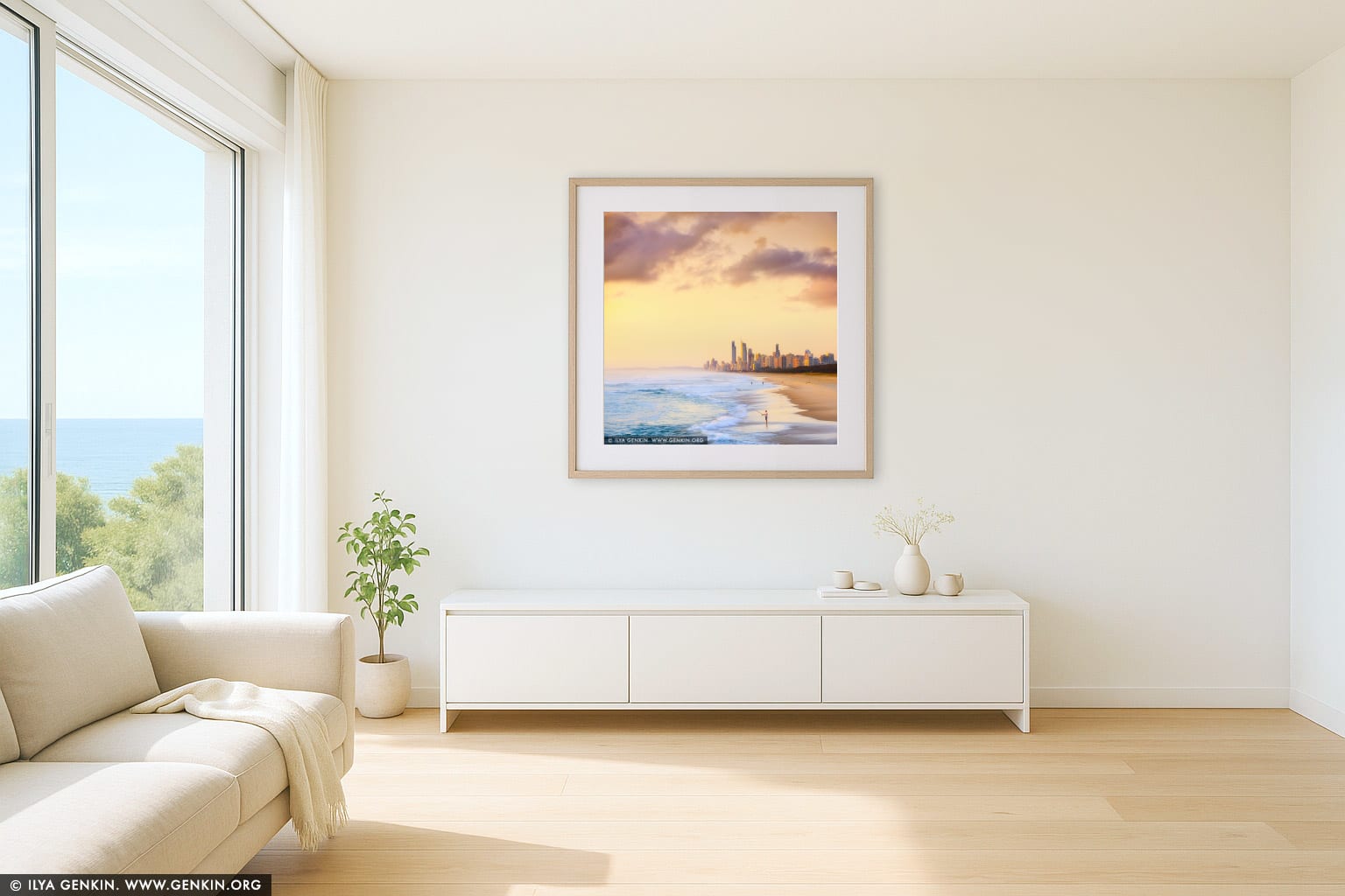 Surfers Paradise at Sunrise wall art in a contemporary living room interior