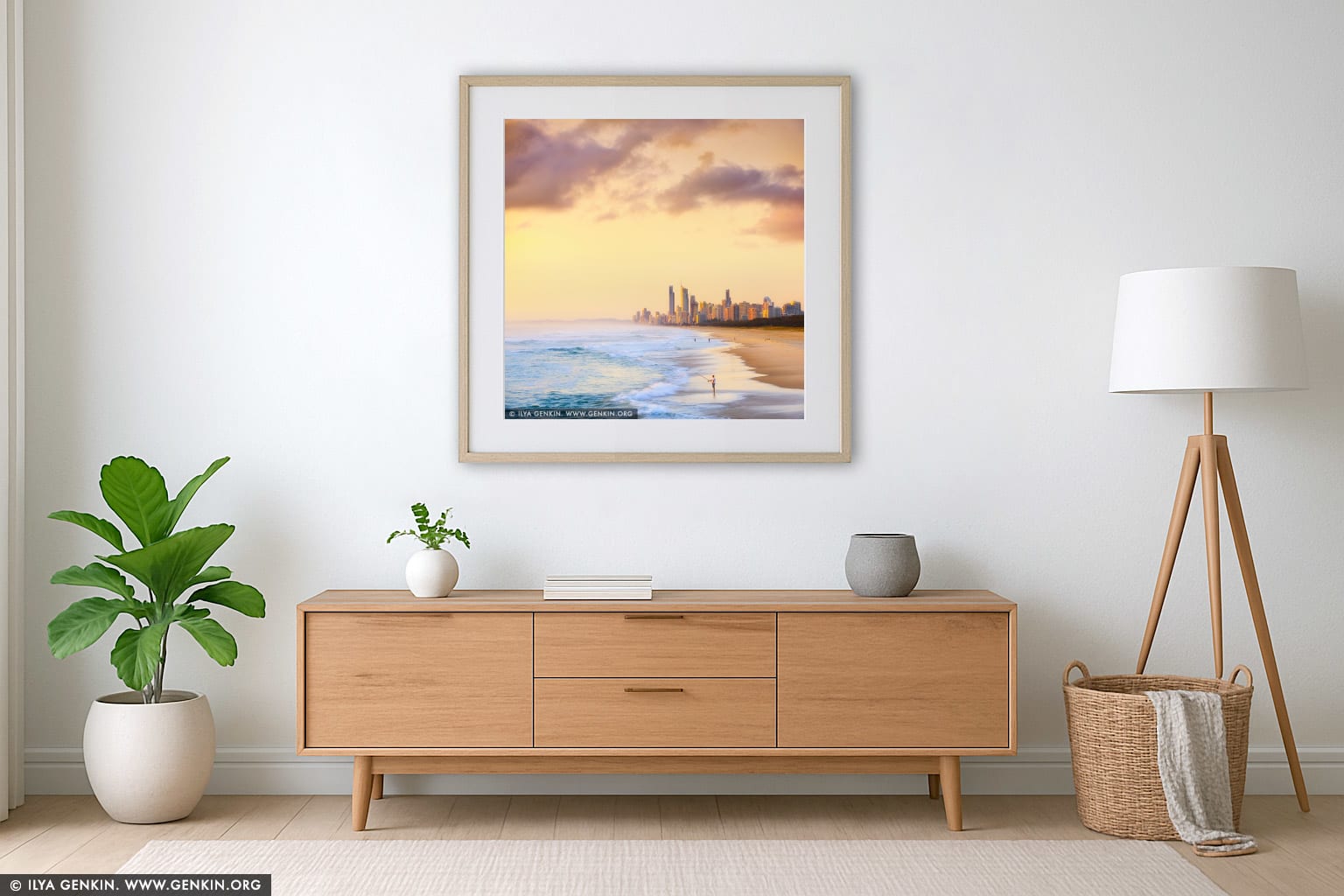 Surfers Paradise at Sunrise wall art in a minimalist living room interior