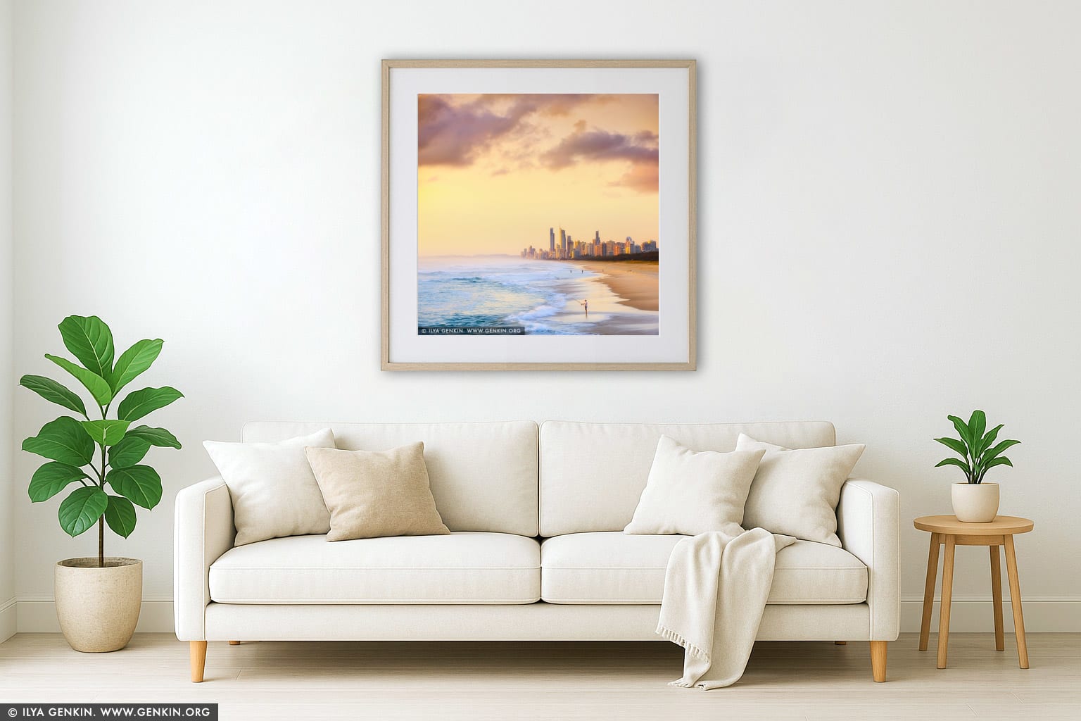 Surfers Paradise at Sunrise wall art in a modern living room interior