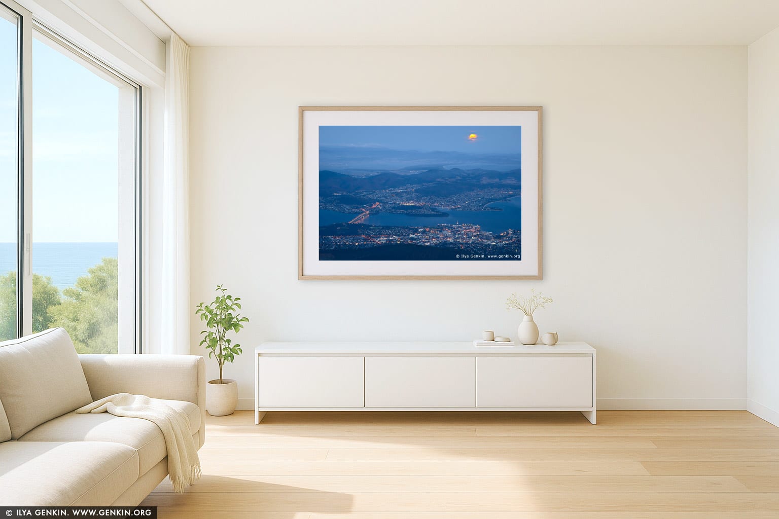 Moon Rising Over Hobart wall art in a contemporary living room interior