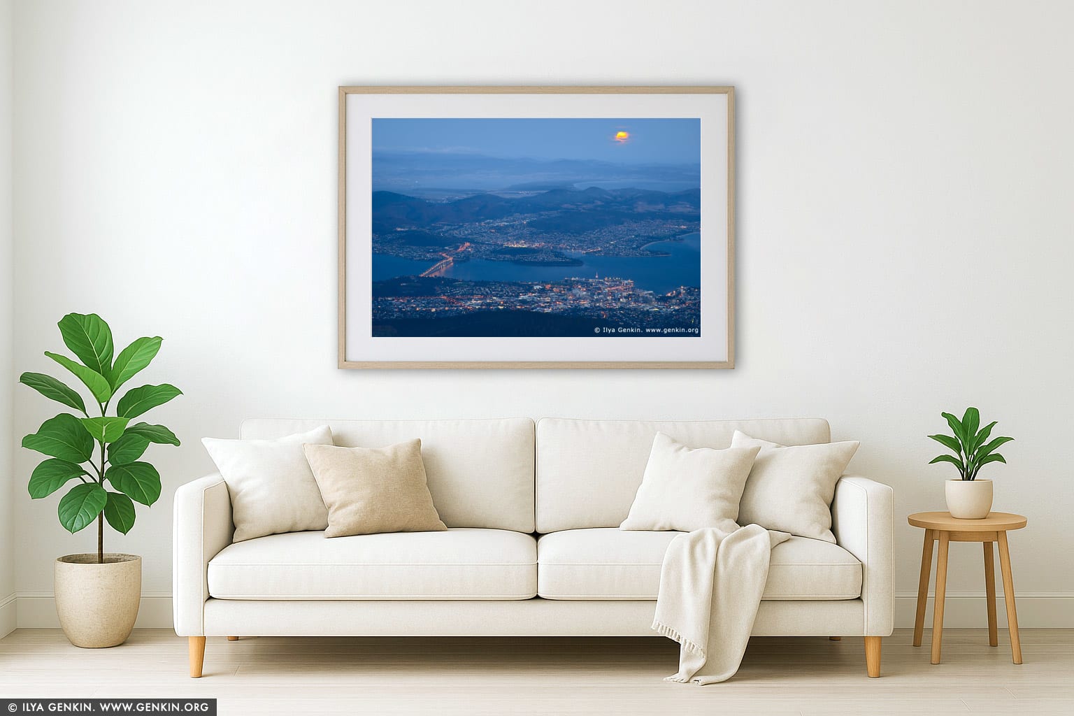 Moon Rising Over Hobart wall art in a modern living room interior