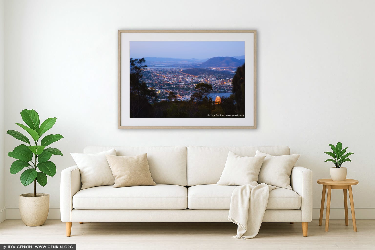 Hobart at Dusk From Mount Nelson wall art in a minimalist living room interior