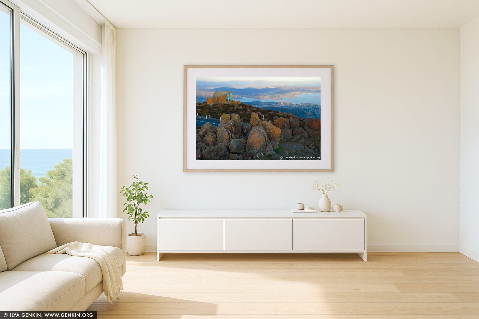 Hobart From Mount Wellington Lookout wall art in a modern living room interior