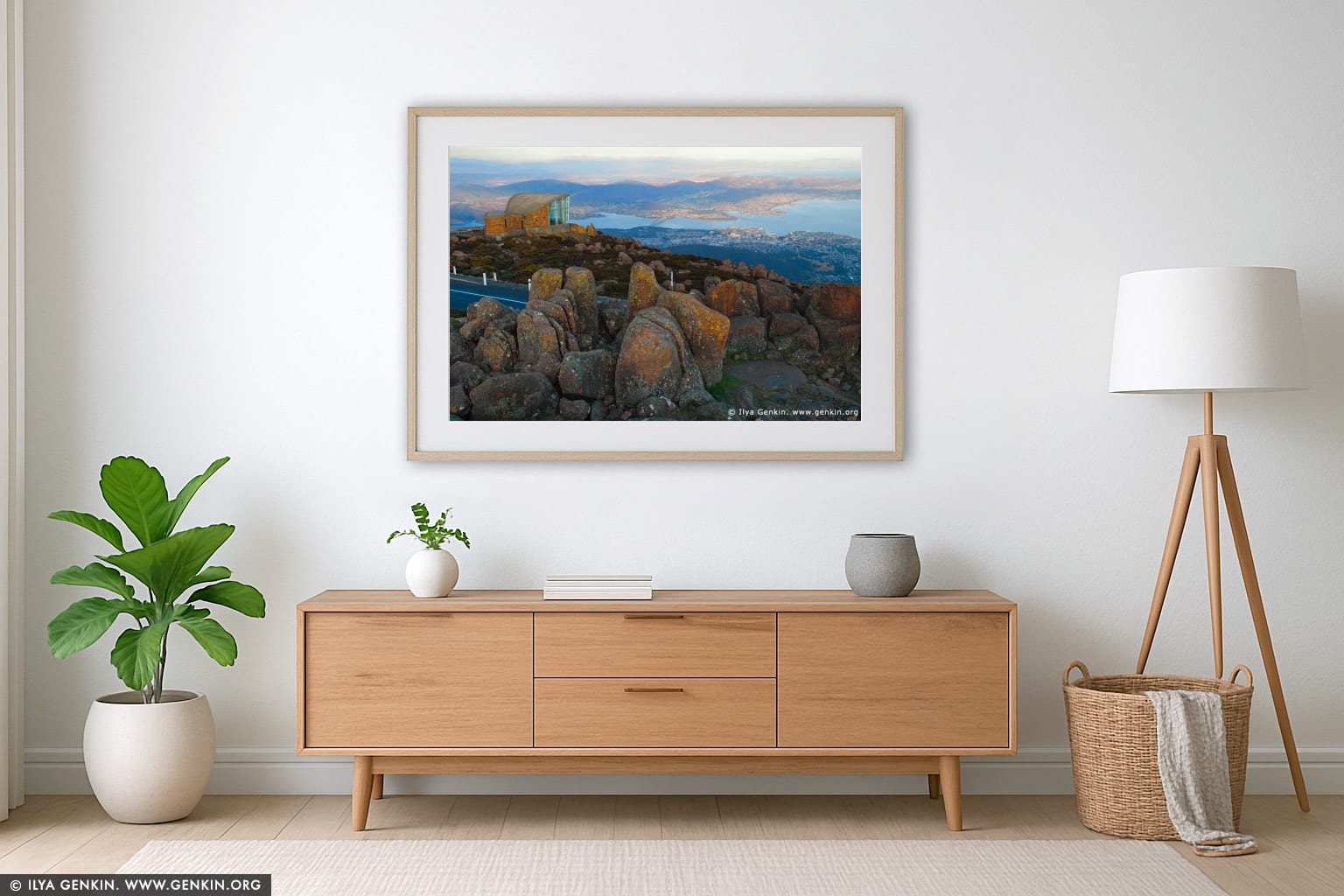 Hobart From Mount Wellington Lookout wall art in a contemporary living room interior