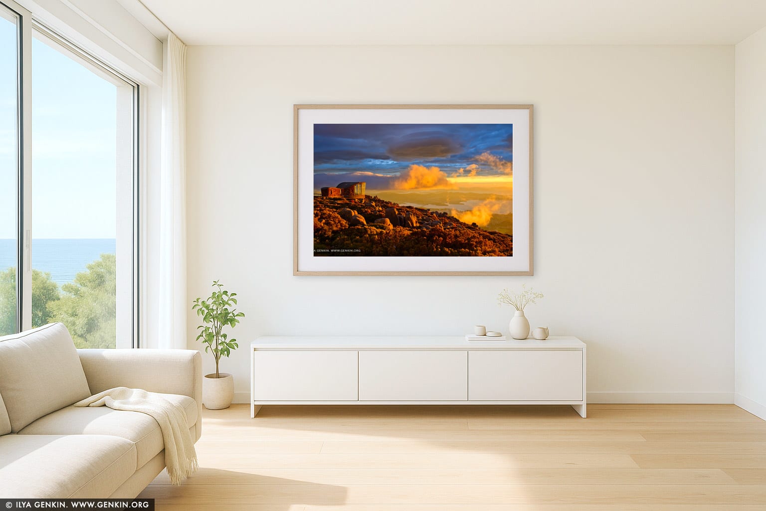 Dramatic Sunrise Over Hobart From Mount Wellington Lookout wall art in a contemporary living room interior