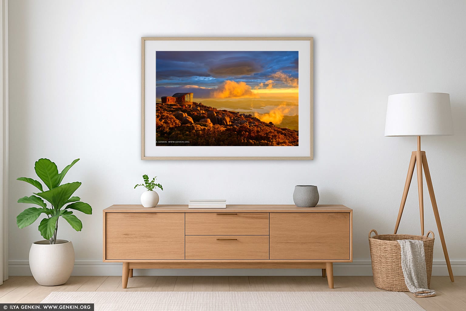 Dramatic Sunrise Over Hobart From Mount Wellington Lookout wall art in a minimalist living room interior