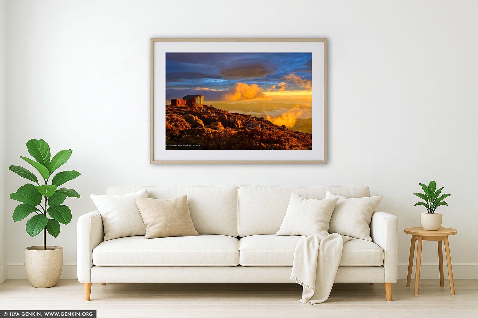 Dramatic Sunrise Over Hobart From Mount Wellington Lookout wall art in a modern living room interior