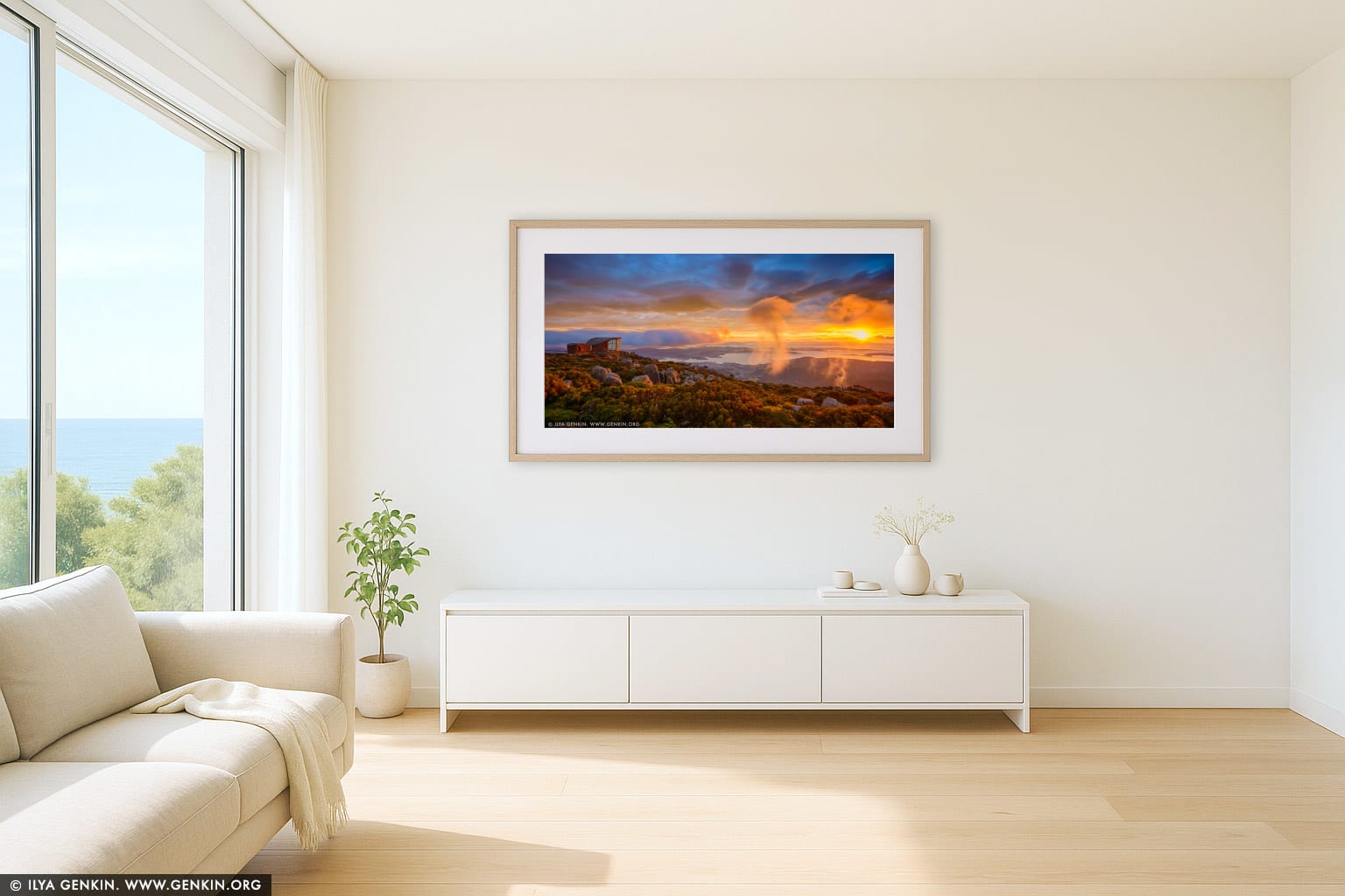 Beautiful Sunrise Over Hobart From Mount Wellington Lookout wall art in a minimalist living room interior