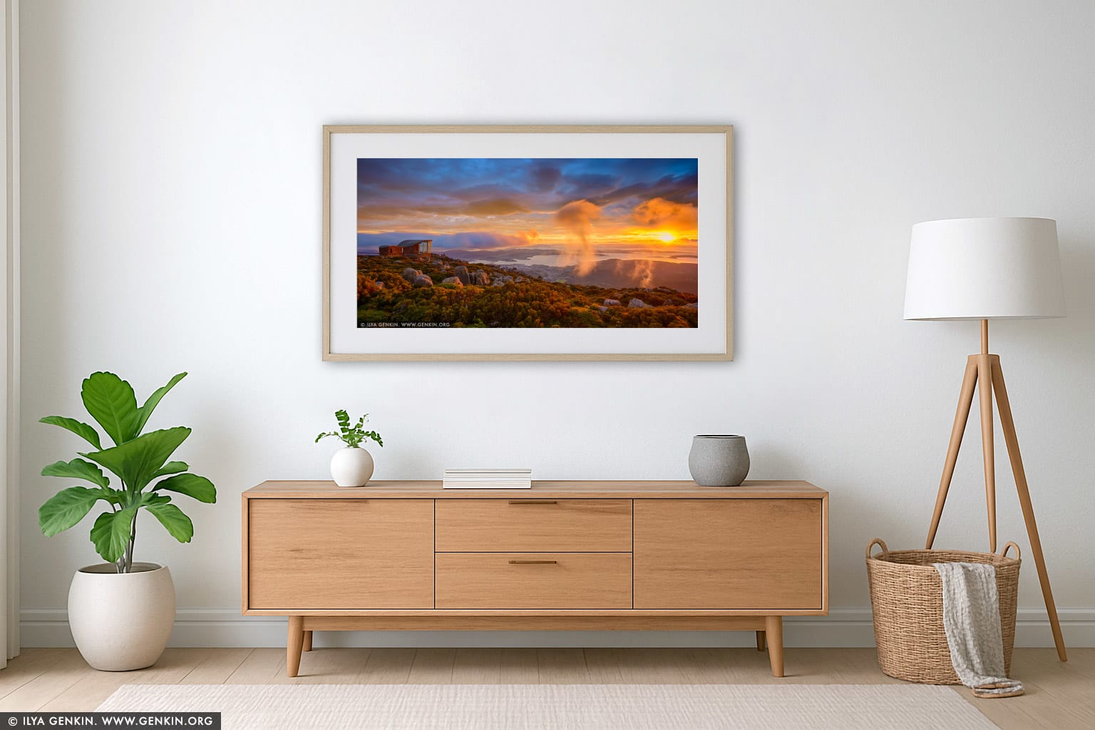 Beautiful Sunrise Over Hobart From Mount Wellington Lookout wall art in a luxury living room interior