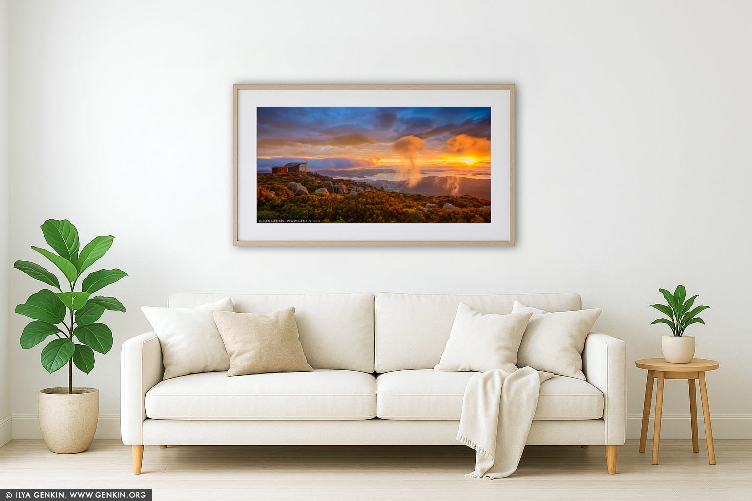 Beautiful Sunrise Over Hobart From Mount Wellington Lookout wall art in a contemporary living room interior
